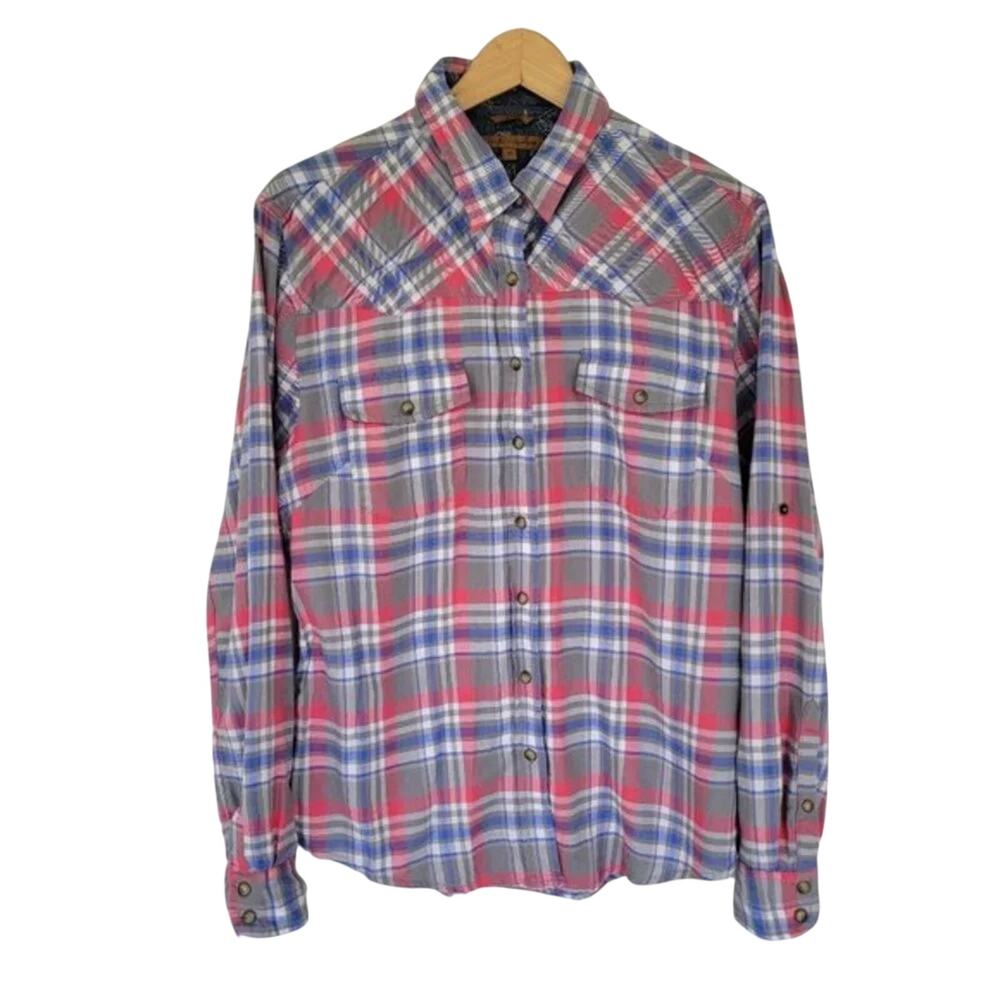 Jachs Girlfriend Bea Flannel Shirt Womens Size M Plaid Pink Blue Cotton Button